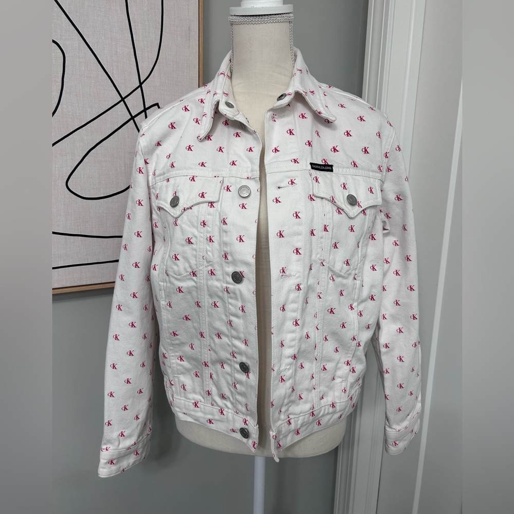 Calvin Klein Jeans White Red Trucker Denim Jacket CK Logo Women's Size Medium